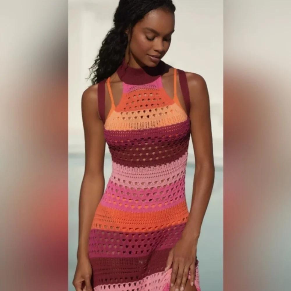 Anthropologie Rainbow Halter Mock neck crochet cover up dress - Picture 5 of 6